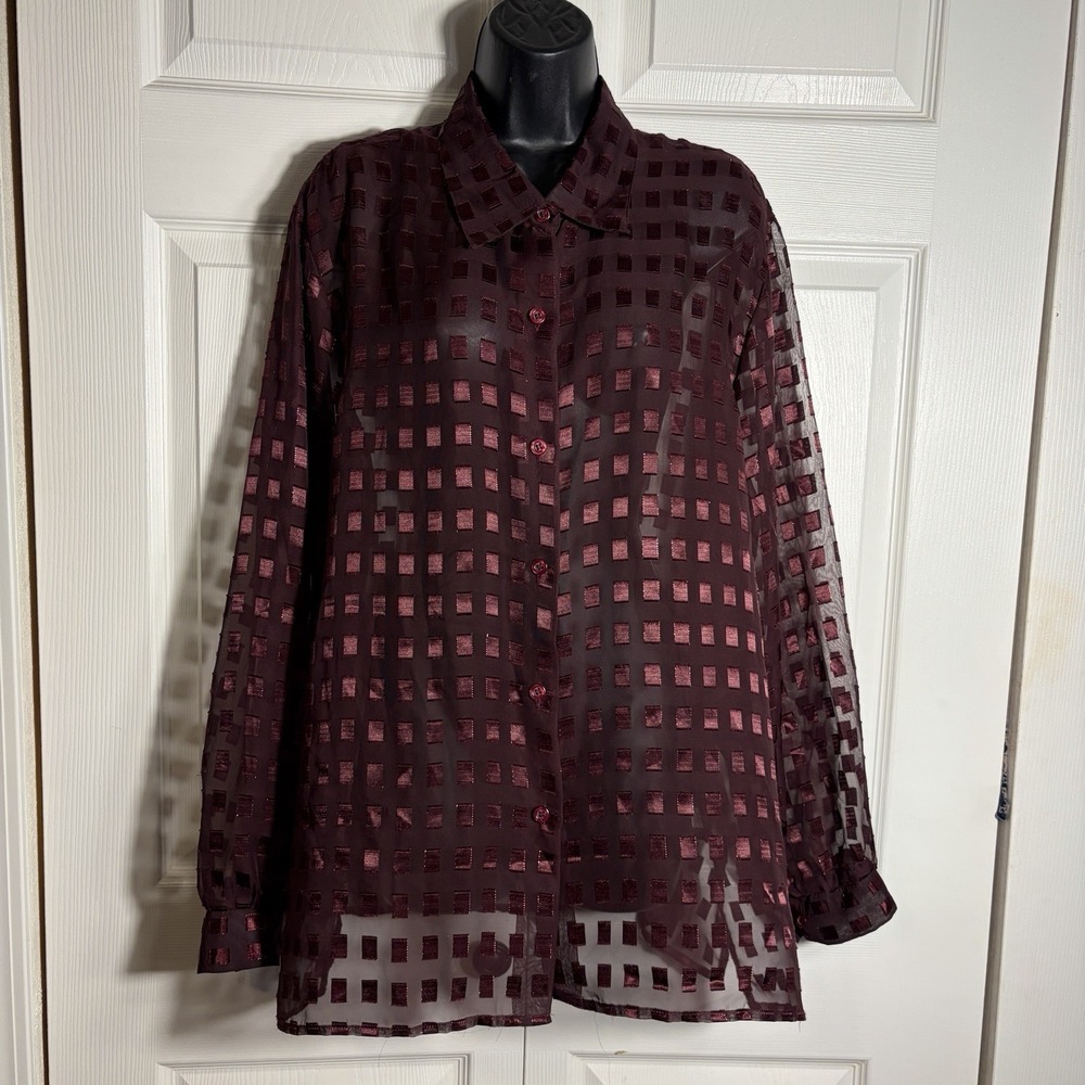 Vintage Joanna Shirt Women 2X Maroon Sheer Grid Long Sleeve Button Up 90s Grunge